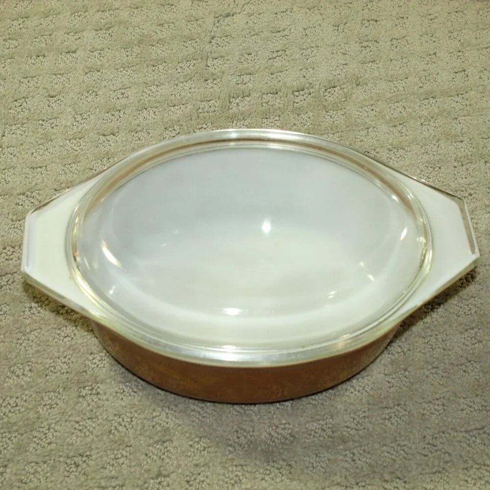 Vintage Pyrex - 3 pc Brown Early American Oval Casserole 043 1.5 QT. w Lid /473